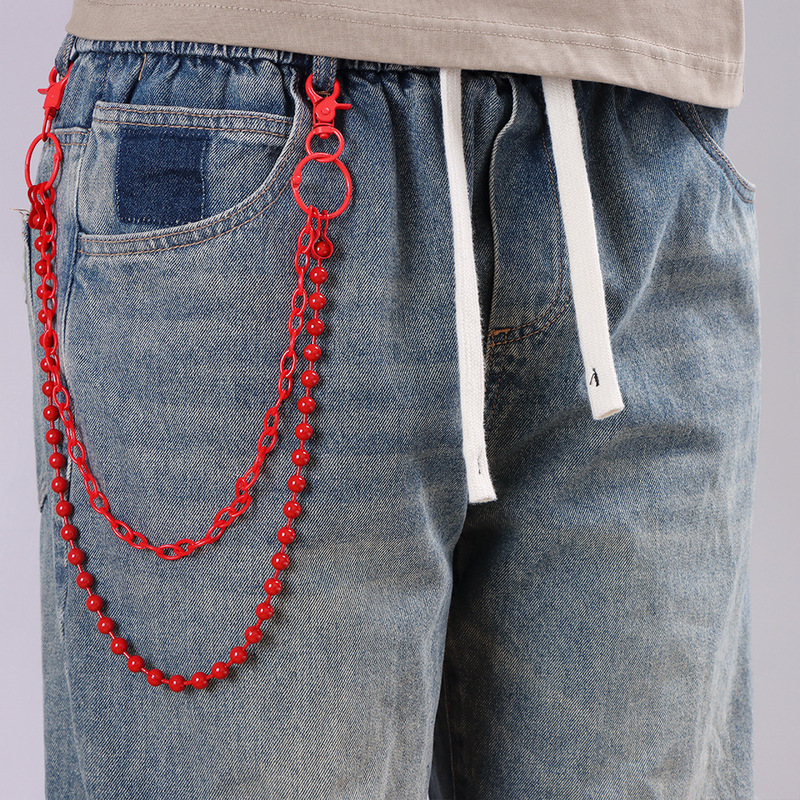 밝은 빨간색 비즈 장식 멀티 레이어 팬츠 체인 하라주쿠 - Street Fashion Girl 리뷰 및 가격