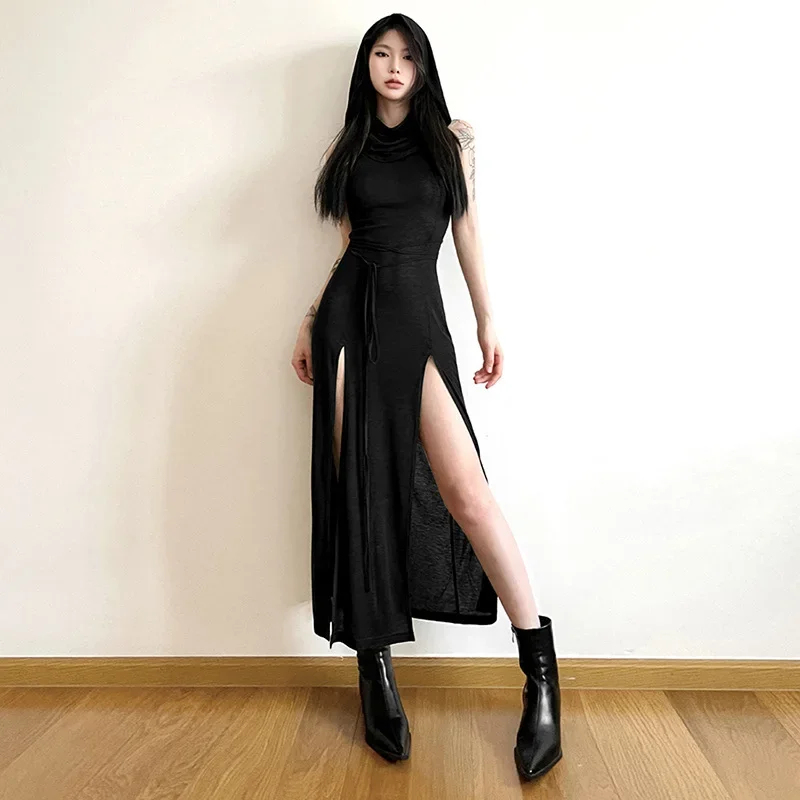 Y2K 섹시한 스플릿 파티 드레스고딕 러플 메쉬 민소매 - Street Fashion Europe 리뷰 및 가격