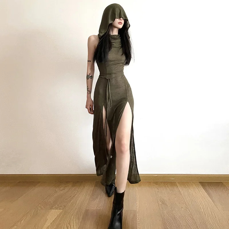 Y2K 섹시한 스플릿 파티 드레스고딕 러플 메쉬 민소매 - Street Fashion Europe 리뷰 및 가격